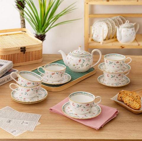  Bộ ấm chén uống trà nhỏ (ấm 520ml, chén 225ml) 13 món sứ xương | Hana Sarasa 4409L - T014S 
