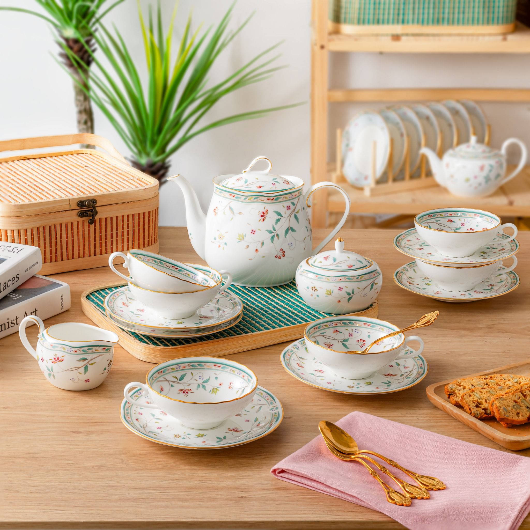  Bộ ấm chén uống trà (ấm 960ml, chén 180ml) 15 món sứ xương | Hana Sarasa 4409L - T017L 