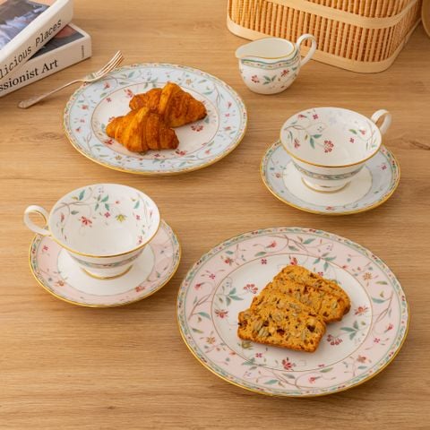  Cặp chén trà 215ml & đĩa bánh 21cm (xanh - hồng) 6 món sứ xương | Hana Sarasa 4409-56L - P50717A 