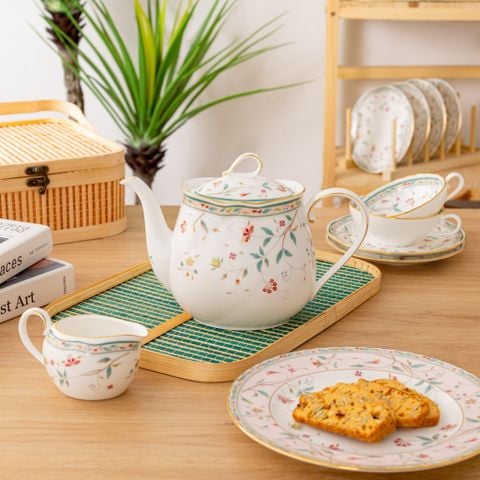  Bộ ấm chén uống trà (ấm 960ml, chén 180ml) 15 món sứ xương | Hana Sarasa 4409L - T017L 
