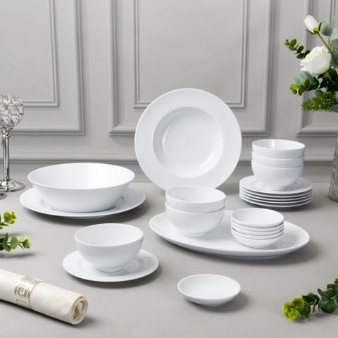  Bộ bát đĩa ăn châu Á 22 món (đĩa tròn, bát cơm 11,4cm cho 6 người) sứ trắng | Art Stage 1609L - D022AS 
