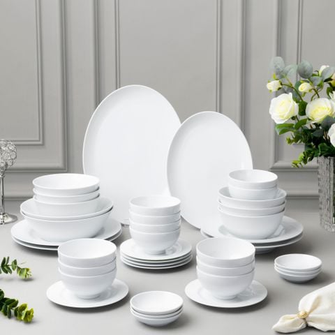  Bộ bát đĩa ăn châu Á 38 món (đĩa tròn, bát cơm 11,4cm cho 6 người) sứ trắng | Art Stage 1609L - D038AS 