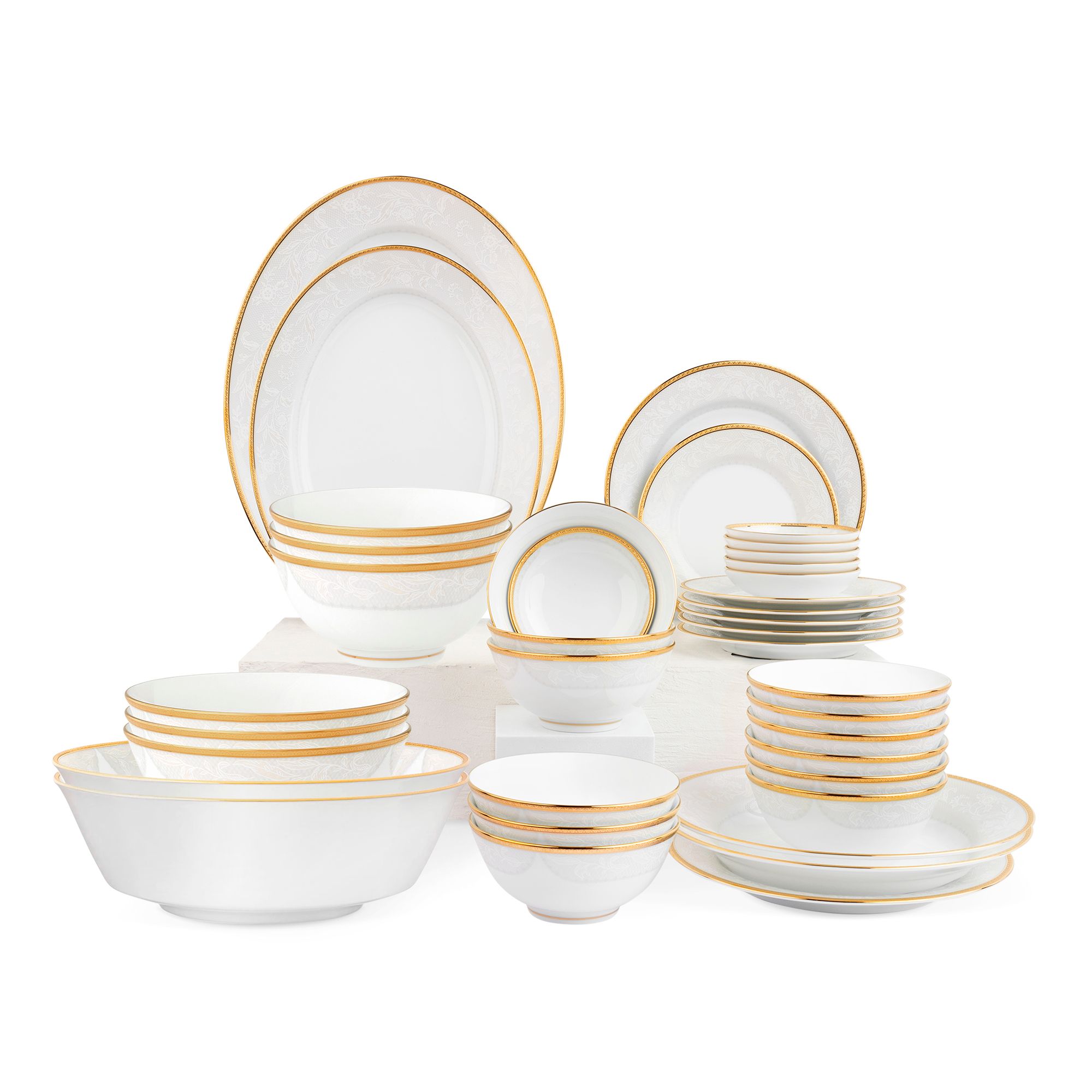  Bộ bát đĩa ăn châu Á đầy đủ 38 món (cho 6 người) sứ trắng | Flanders Gold 1714L - D038AB 