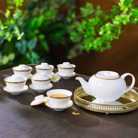  Bộ ấm chén trà châu Á (ấm 950ml, chén 160ml) 13 món sứ xương | Rochelle Gold 4796L - T014A 