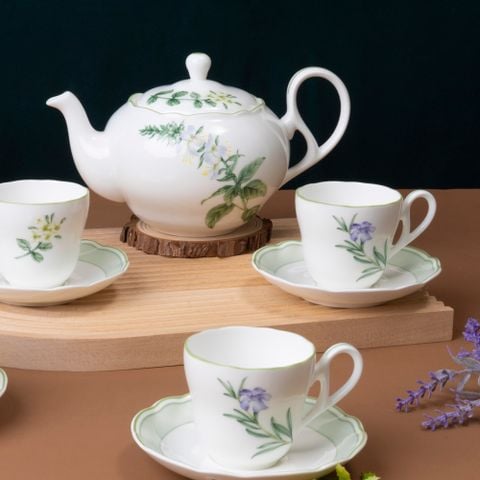  Bộ ấm chén uống trà nhỏ (ấm 600ml, chén 105ml) 13 món sứ xương | English Herbs 4942L - T014S 