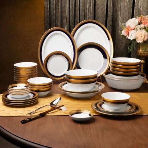 Bộ bát đĩa ăn châu Á đầy đủ 38 món (cho 6 người) sứ trắng | Crestwood Cobalt Gold 4171L - D038AB