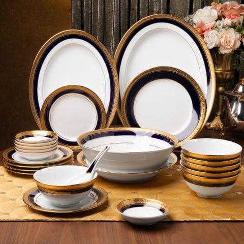 Bộ bát đĩa ăn châu Á cơ bản 22 món (cho 6 người) sứ trắng | Crestwood Cobalt Gold 4171L - D022AB