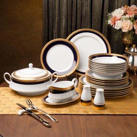  Bộ đĩa ăn kiểu Âu 22 món (cho 6 người) sứ trắng | Crestwood Cobalt Gold 4171L - D024AL 