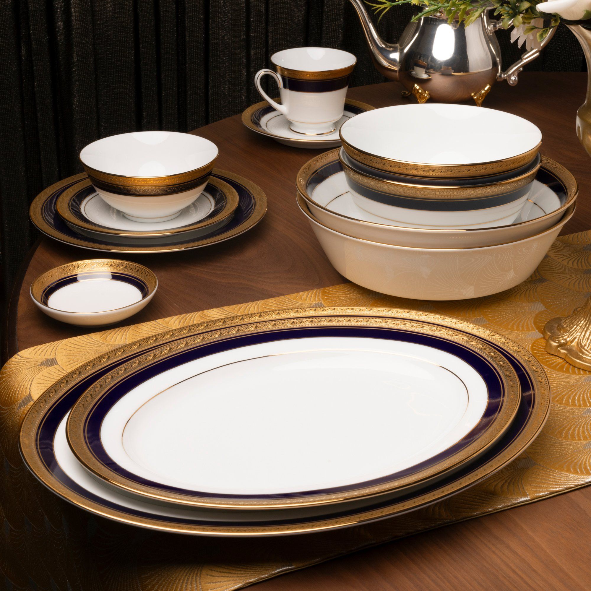  Bộ bát đĩa ăn châu Á đầy đủ 38 món (cho 6 người) sứ trắng | Crestwood Cobalt Gold 4171L - D038AB 