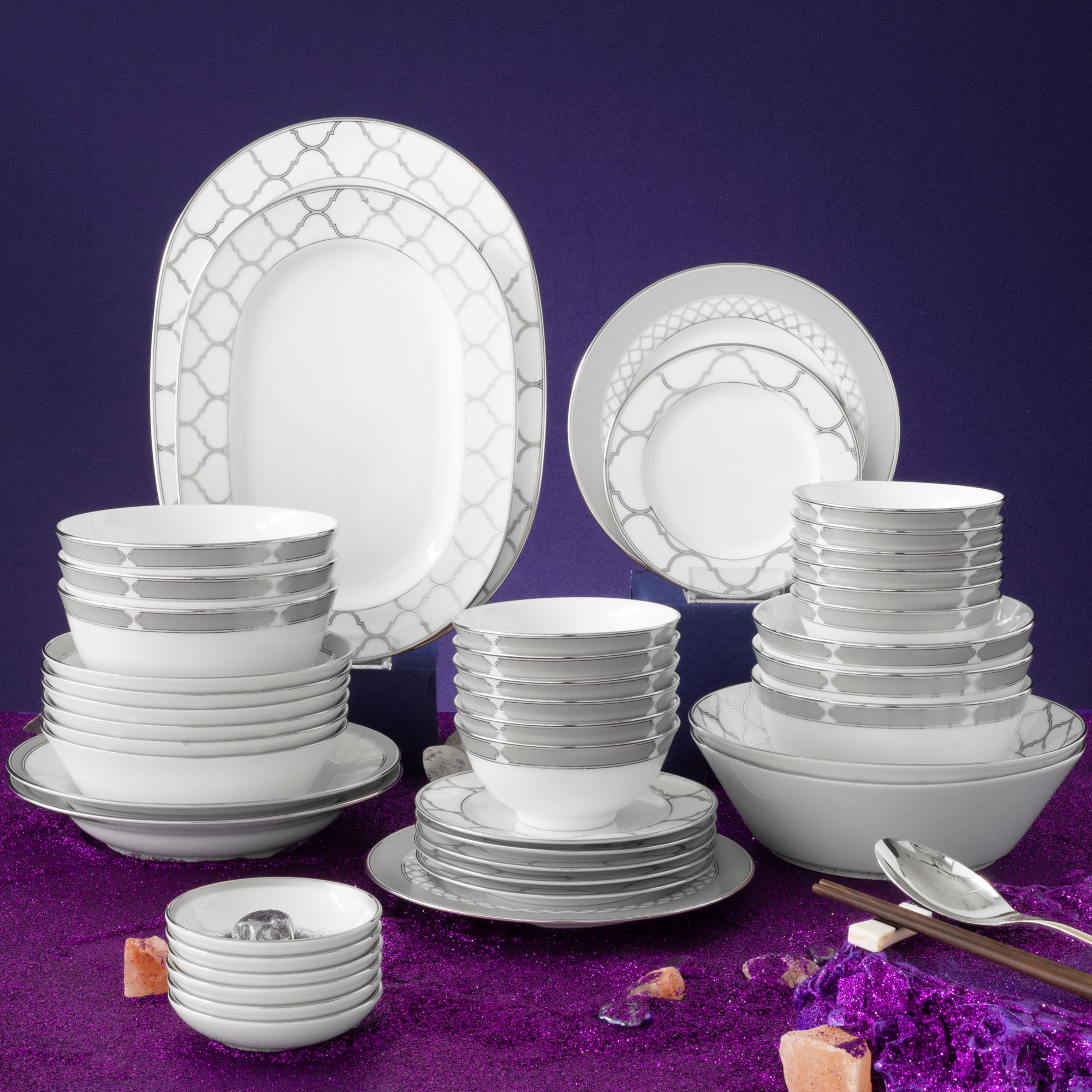  Bộ bát đĩa ăn châu Á đầy đủ 38 món (cho 6 người) sứ trắng | Eternal Palace 1717L - D038AB 