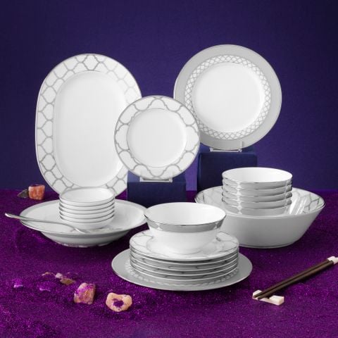 Bộ bát đĩa ăn châu Á cơ bản 22 món (cho 6 người) sứ trắng | Eternal Palace 1717L - D022AB