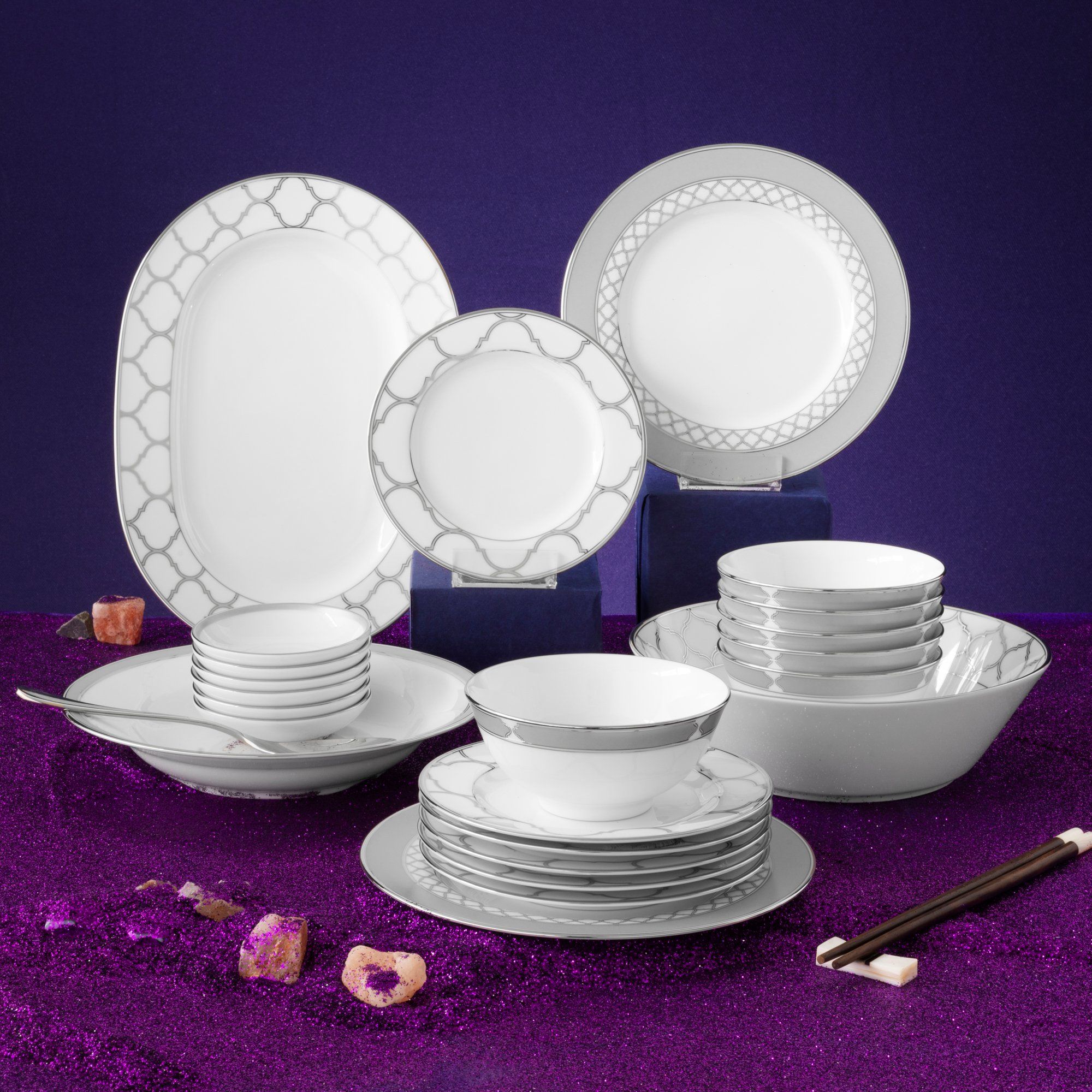  Bộ bát đĩa ăn châu Á cơ bản 22 món (cho 6 người) sứ trắng | Eternal Palace 1717L - D022AB 