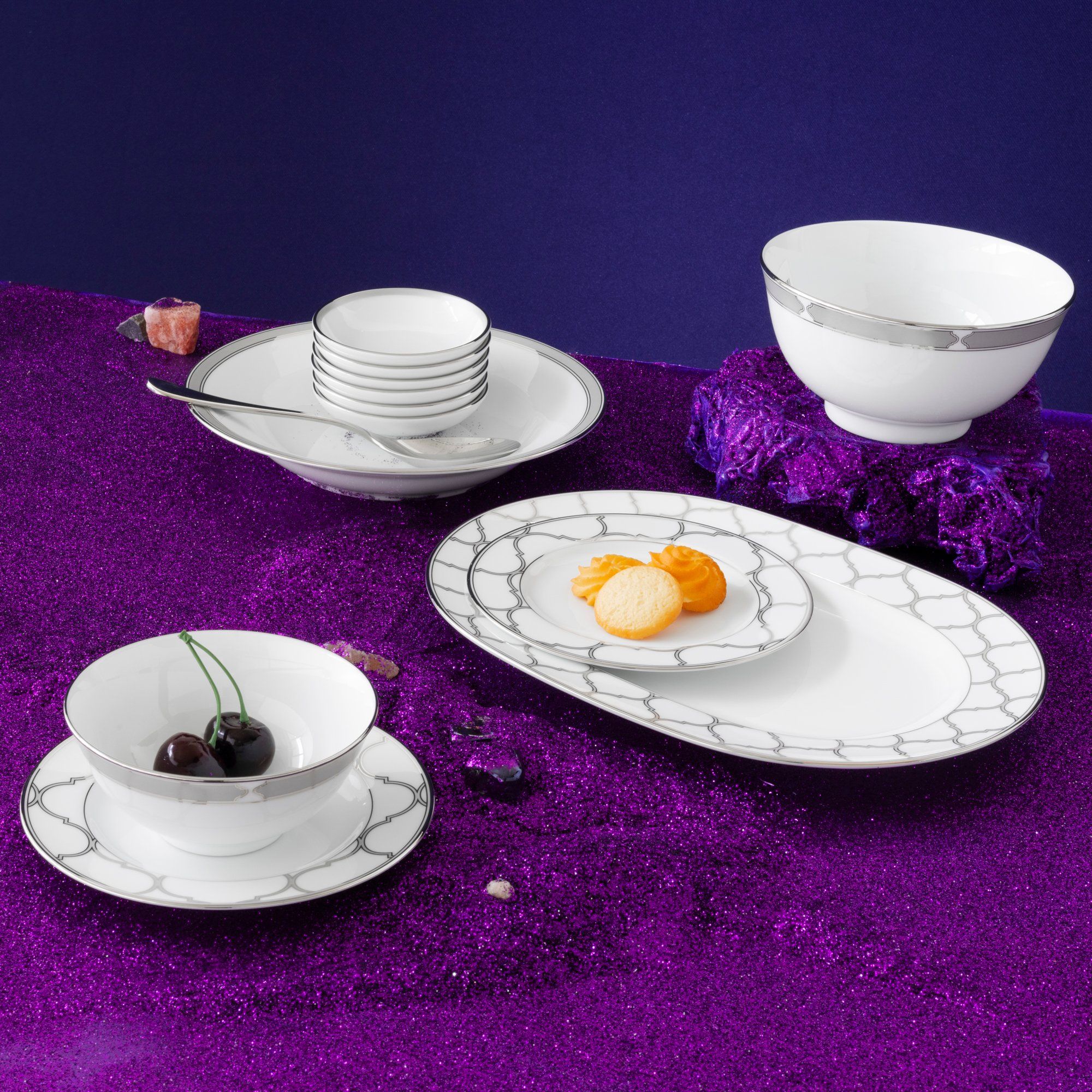  Bộ bát đĩa ăn châu Á cơ bản 22 món (cho 6 người) sứ trắng | Eternal Palace 1717L - D022AB 