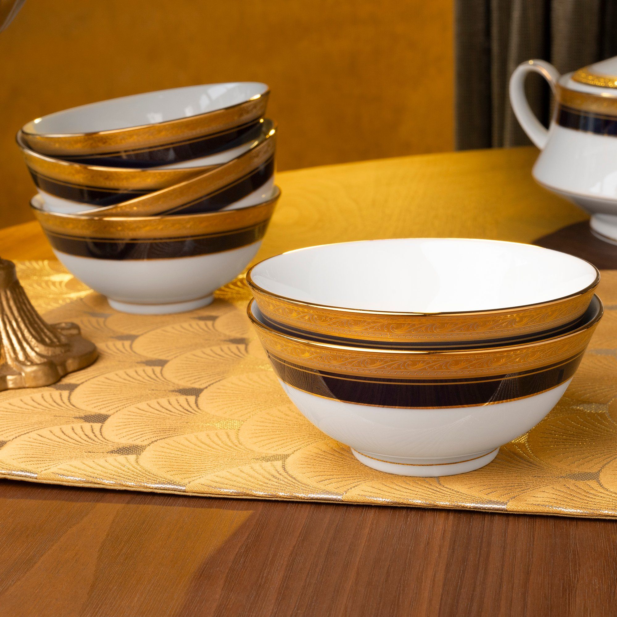  Bộ bát đĩa ăn châu Á đầy đủ 38 món (cho 6 người) sứ trắng | Crestwood Cobalt Gold 4171L - D038AB 
