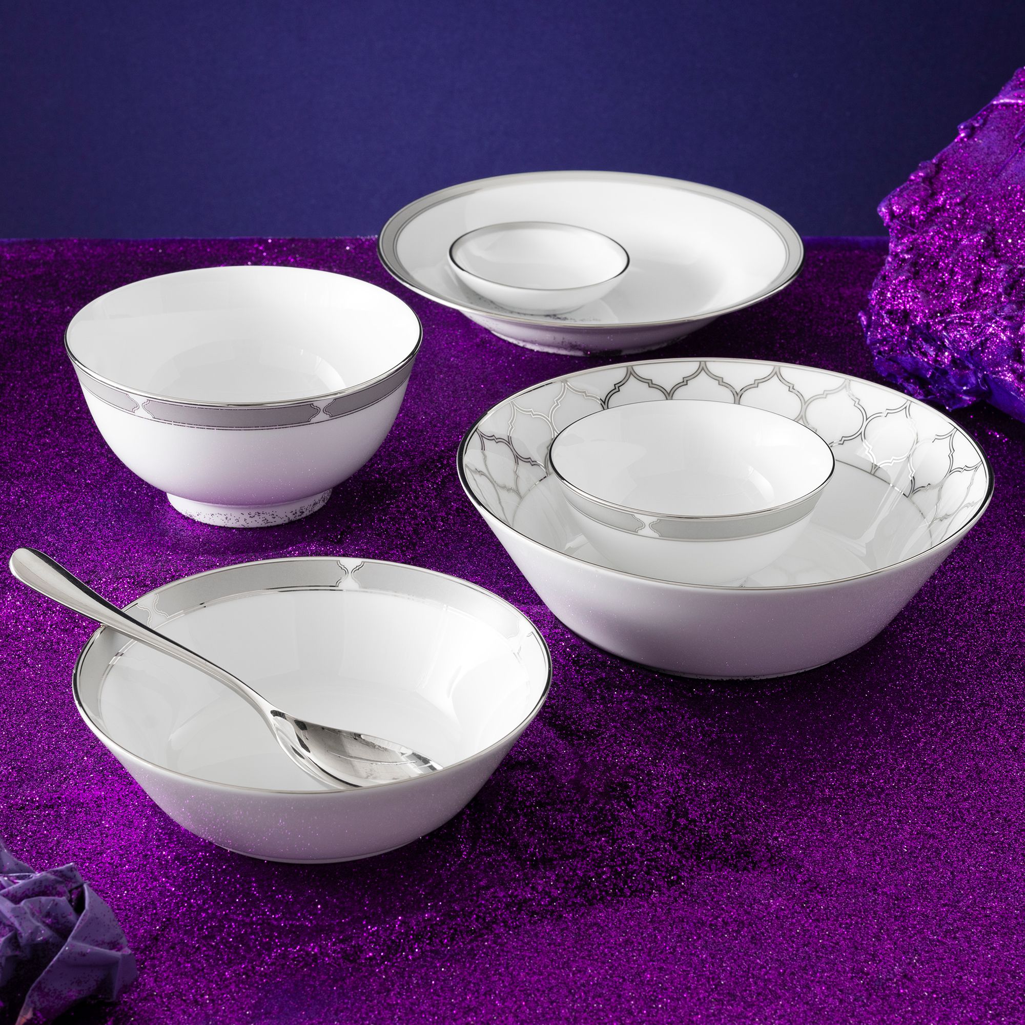  Bộ bát đĩa ăn châu Á cơ bản 22 món (cho 6 người) sứ trắng | Eternal Palace 1717L - D022AB 