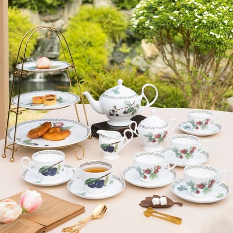  Bộ ấm chén uống trà (ấm 1.030ml, chén 250ml) 18 món sứ xương | Orchard Garden 4911L - T020A 