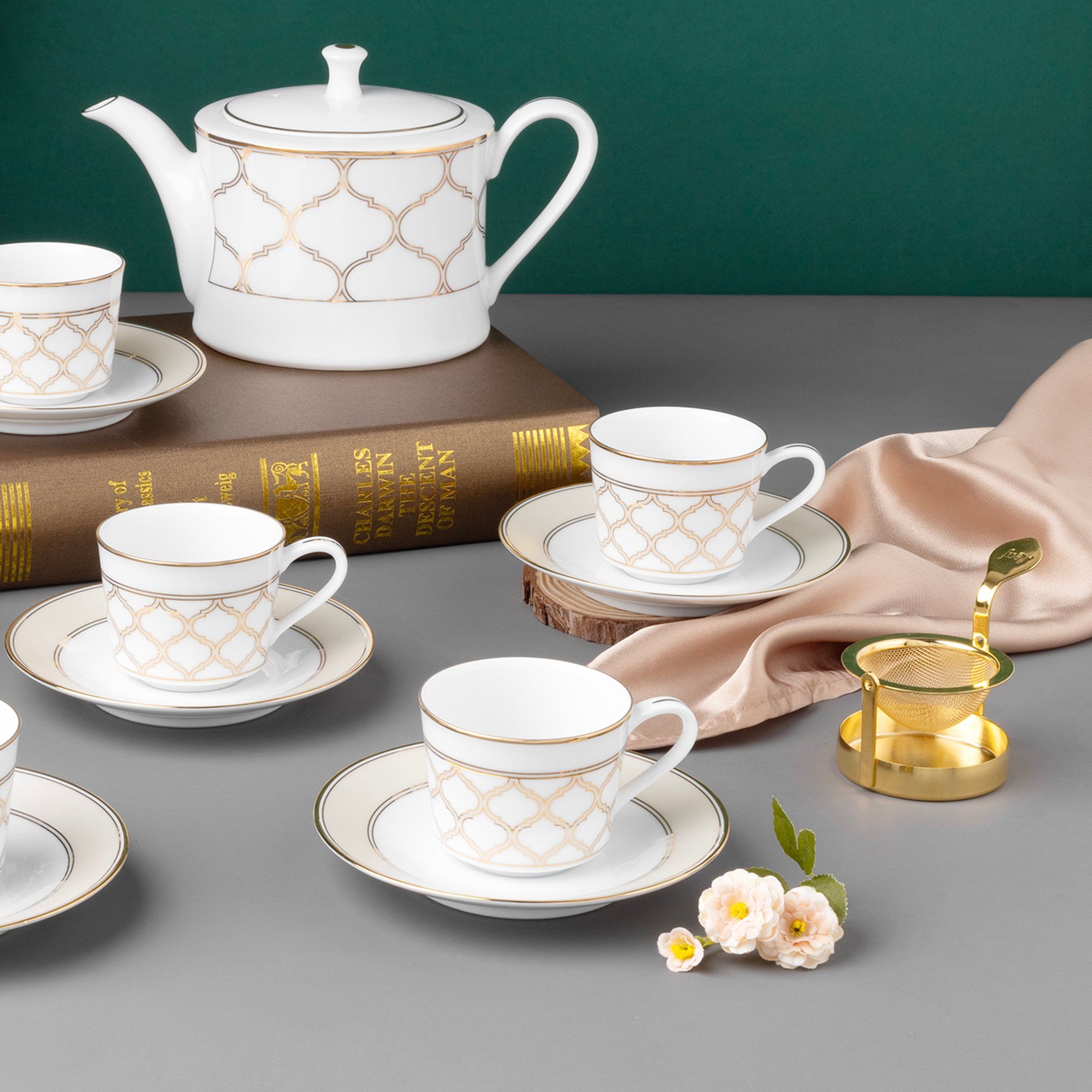  Bộ ấm chén uống trà nhỏ (ấm 630ml, chén 100ml) 13 món sứ trắng | Eternal Palace Gold 1728L - T014S 