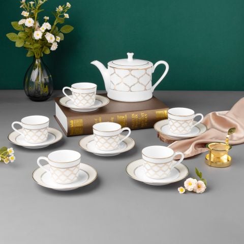  Bộ ấm chén uống trà nhỏ (ấm 630ml, chén 100ml) 13 món sứ trắng | Eternal Palace Gold 1728L - T014S 