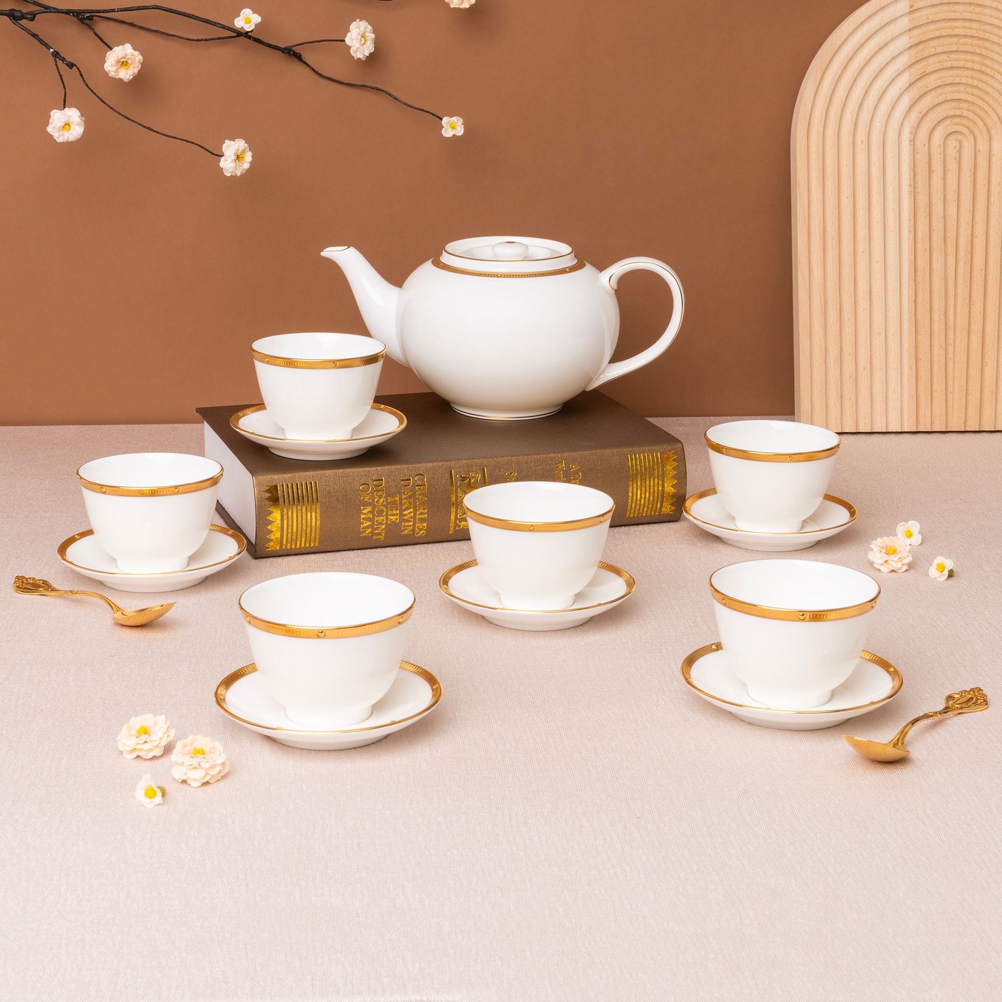  Bộ ấm chén trà châu Á (ấm 950ml, chén 145ml) 13 món sứ xương | Rochelle Gold 4796L - T014SA 