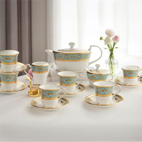  Bộ ấm chén uống trà (ấm 1.440ml, chén 220ml) 15 món sứ xương Nhật Bản | Georgian Turquoise 4857J - T017L 