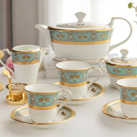  Bộ ấm chén uống trà (ấm 1.440ml, chén 220ml) 15 món sứ xương Nhật Bản | Georgian Turquoise 4857J - T017L 