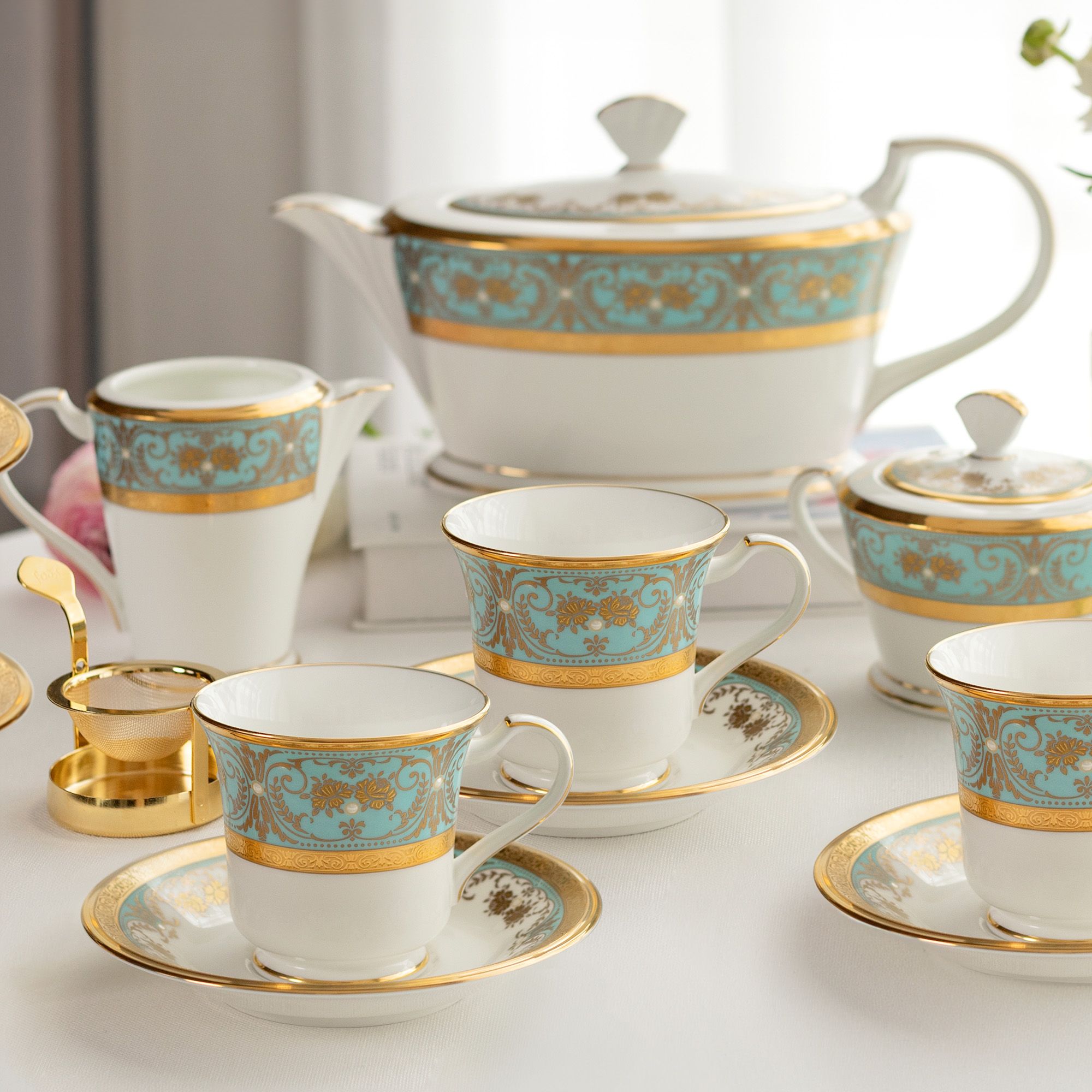  Chén trà (tách trà) dung tích 220ml kèm đĩa lót sứ xương Nhật Bản | Georgian Turquoise 4857J - T59589 