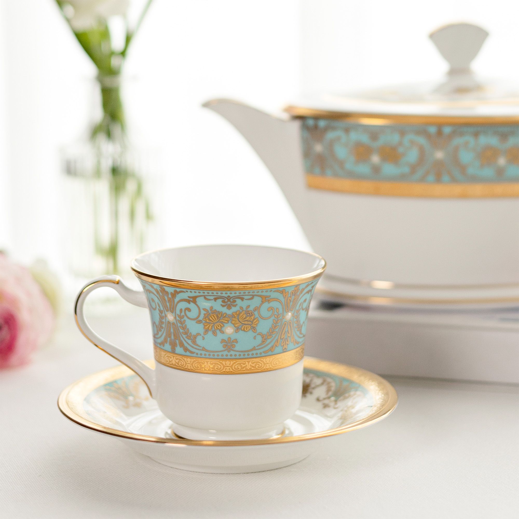  Chén trà (tách trà) dung tích 220ml kèm đĩa lót sứ xương Nhật Bản | Georgian Turquoise 4857J - T59589 