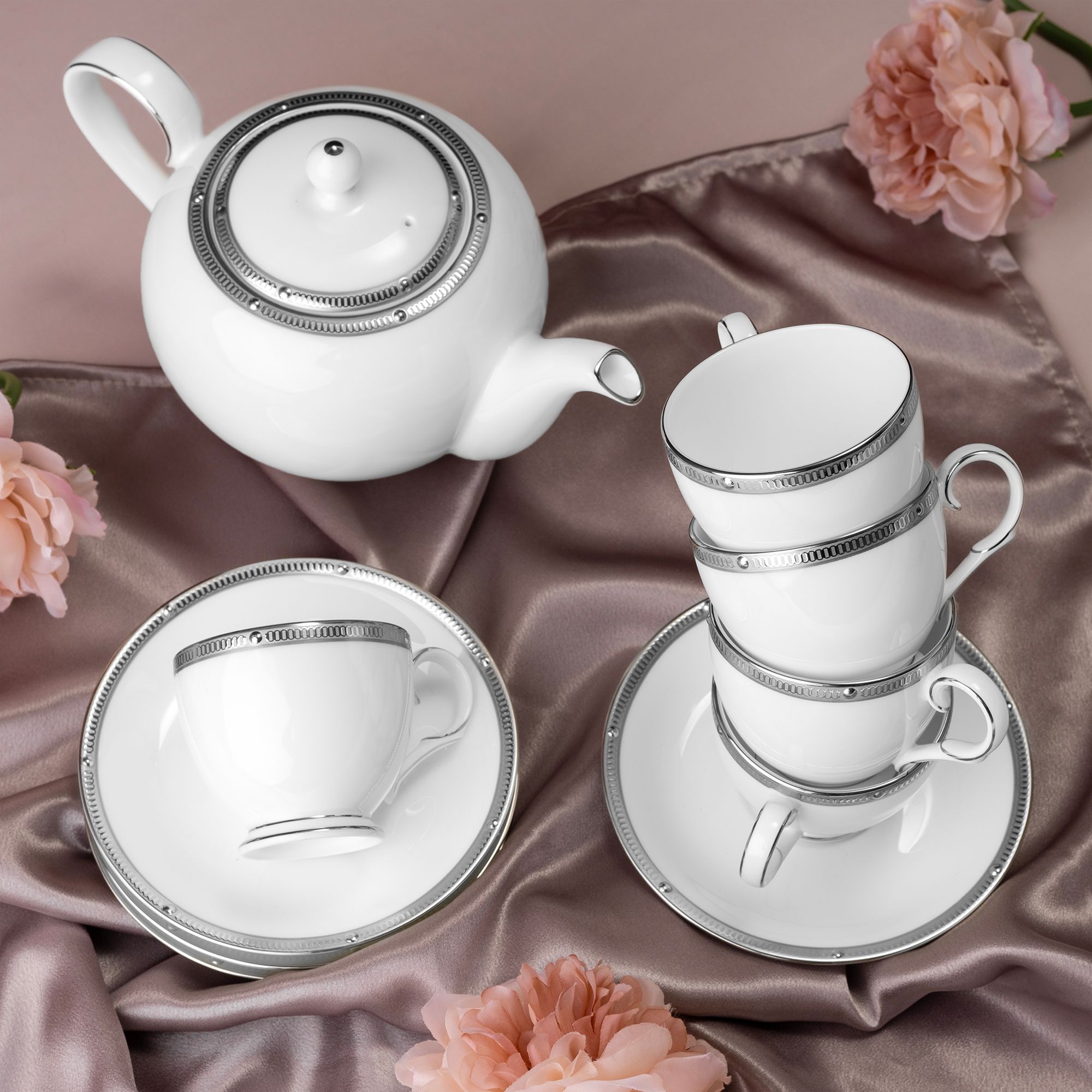  Bộ ấm chén uống trà nhỏ (ấm 650ml, chén 105ml) 13 món sứ xương | Rochelle Platinum 4795L - T014S 