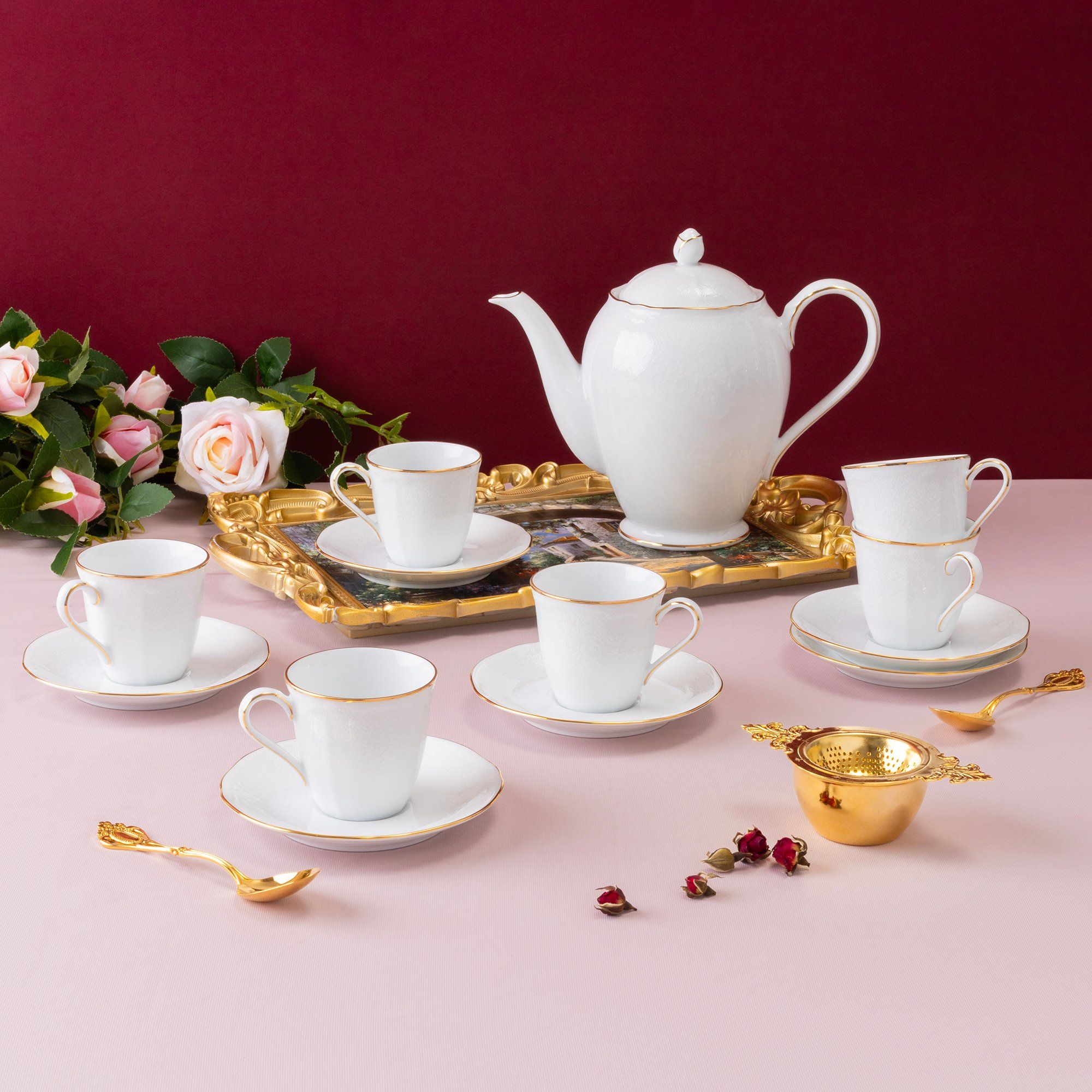  Bộ ấm chén uống trà (tách trà nhỏ 115ml) sứ trắng 13 món | Princess Bouquet Gold 1660L-T014S 