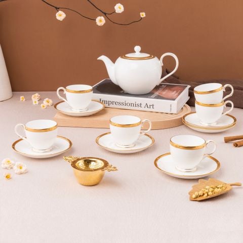  Bộ ấm chén uống trà nhỏ (ấm 650ml, chén 105ml) 13 món sứ xương | Rochelle Gold 4796L - T014S 