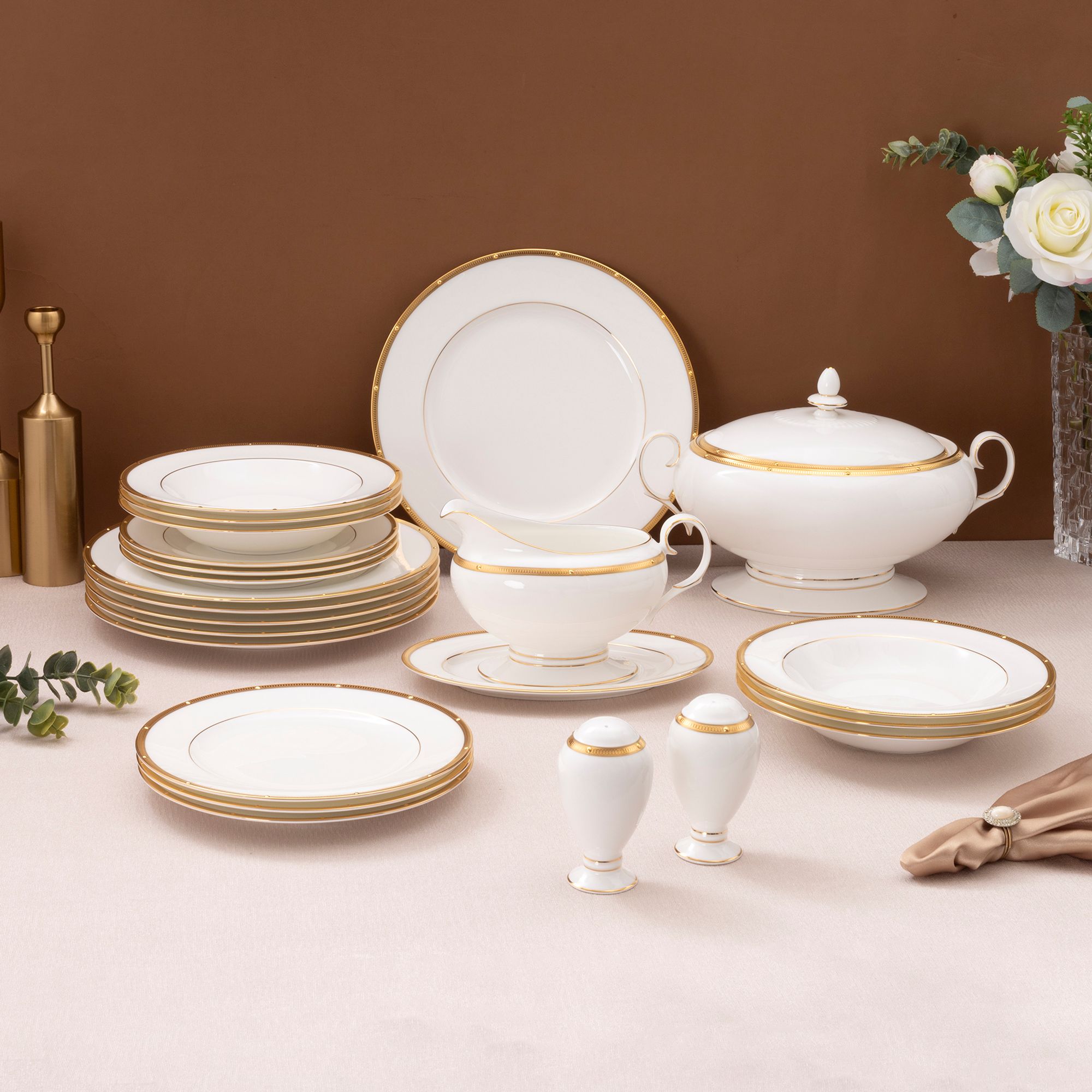  Bộ đĩa ăn kiểu Âu 22 món (cho 6 người) sứ xương | Rochelle Gold 4796L - D024AN 