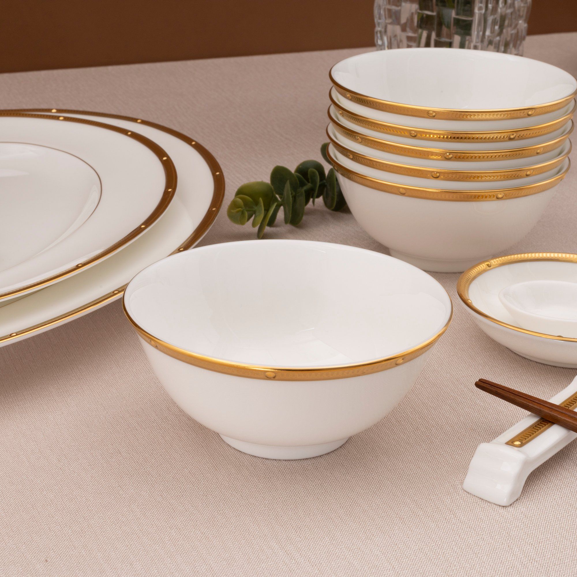  Bộ bát đĩa ăn châu Á đầy đủ 38 món (cho 6 người) sứ xương | Rochelle Gold 4796L - D038AC 