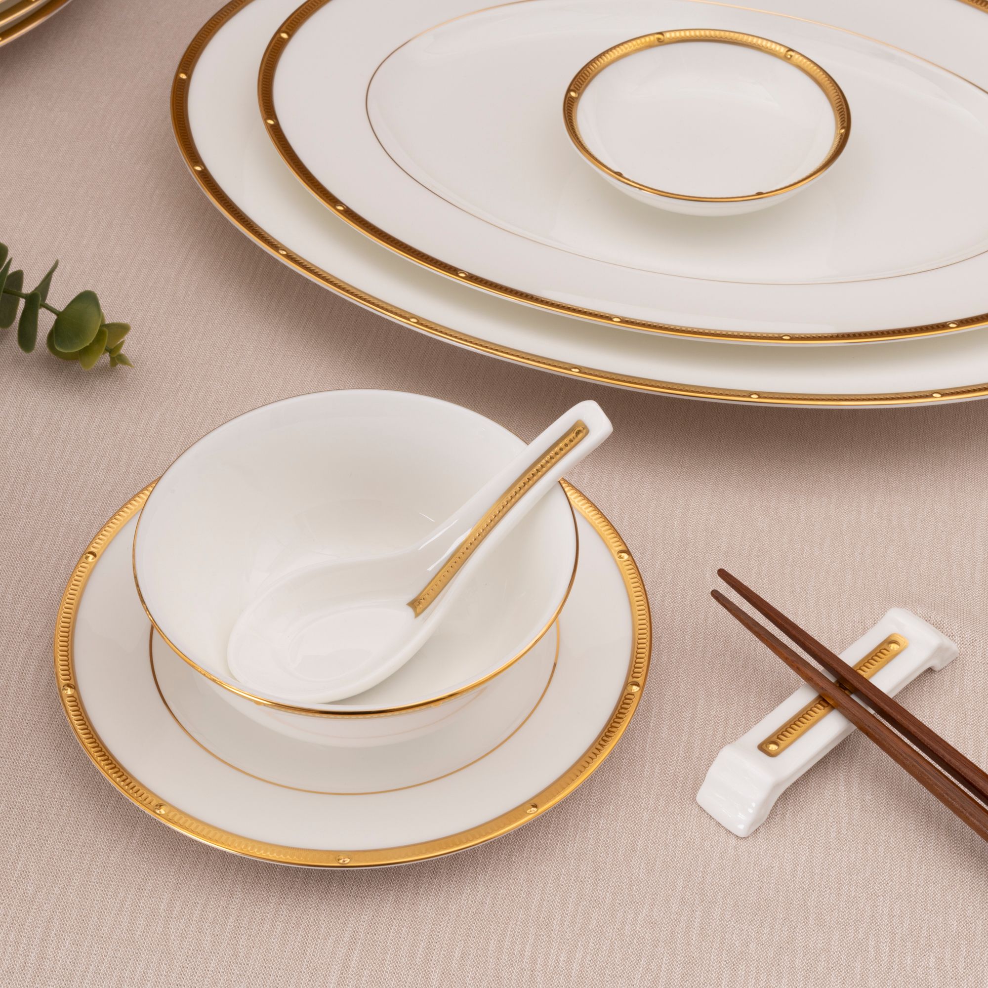  Bộ bát đĩa ăn châu Á đầy đủ 38 món (cho 6 người) sứ xương | Rochelle Gold 4796L - D038AC 