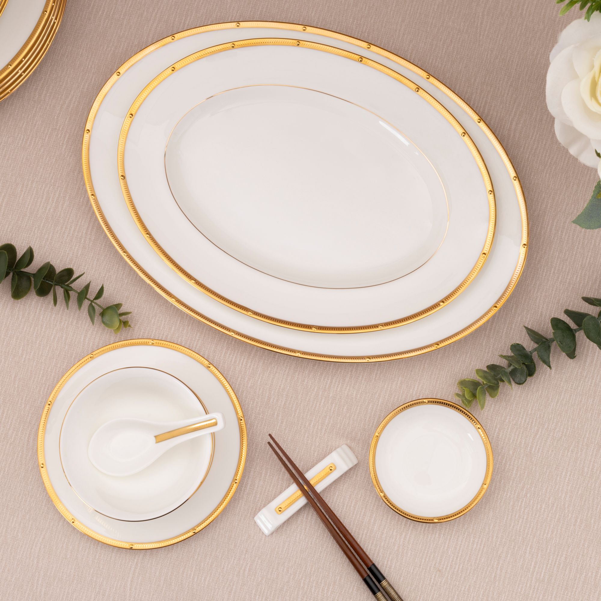  Bộ bát đĩa ăn châu Á đầy đủ 38 món (cho 6 người) sứ xương | Rochelle Gold 4796L - D038AC 
