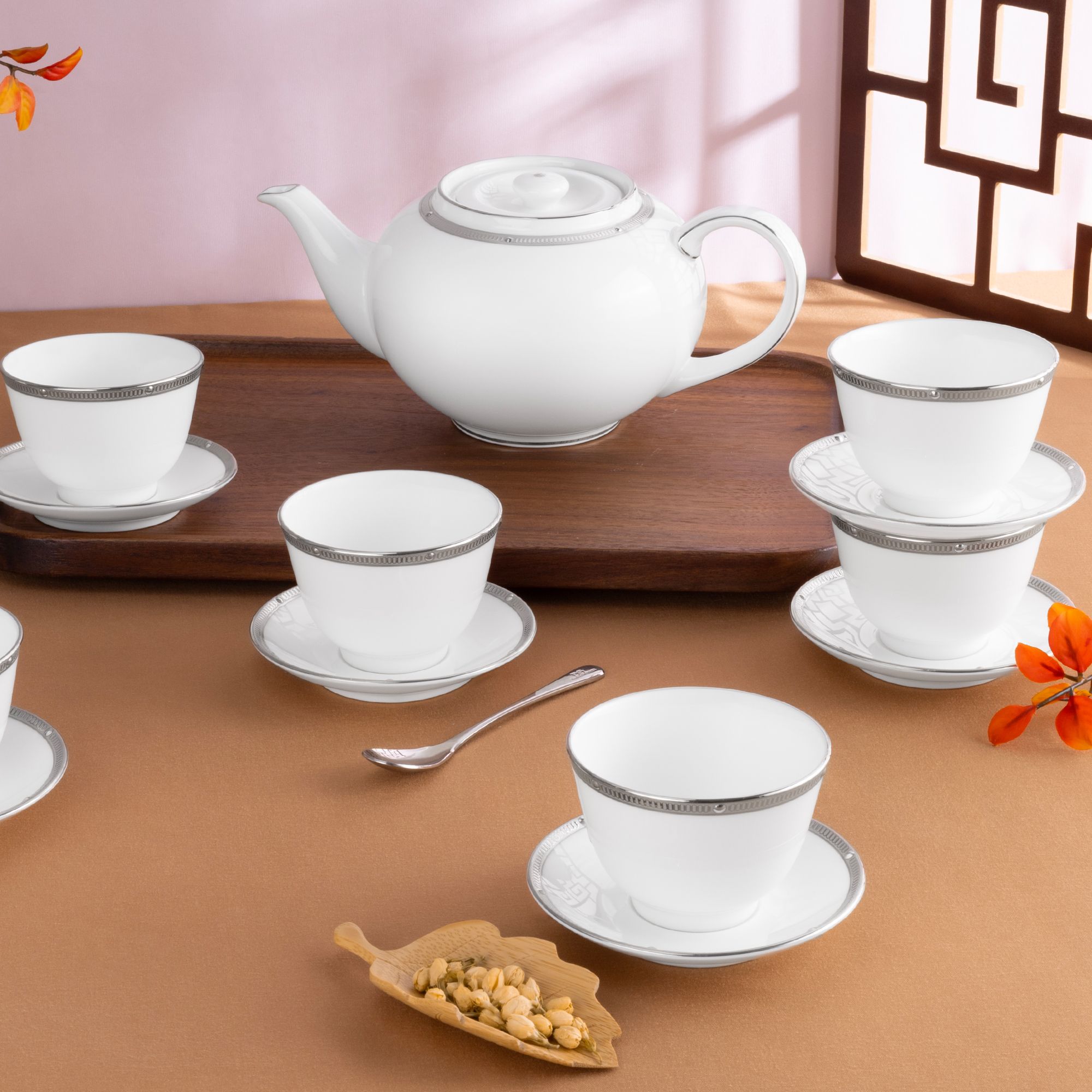  Bộ ấm chén trà châu Á (ấm 950ml, chén 145ml) 13 món sứ xương | Rochelle Platinum 4795L - T014SA 