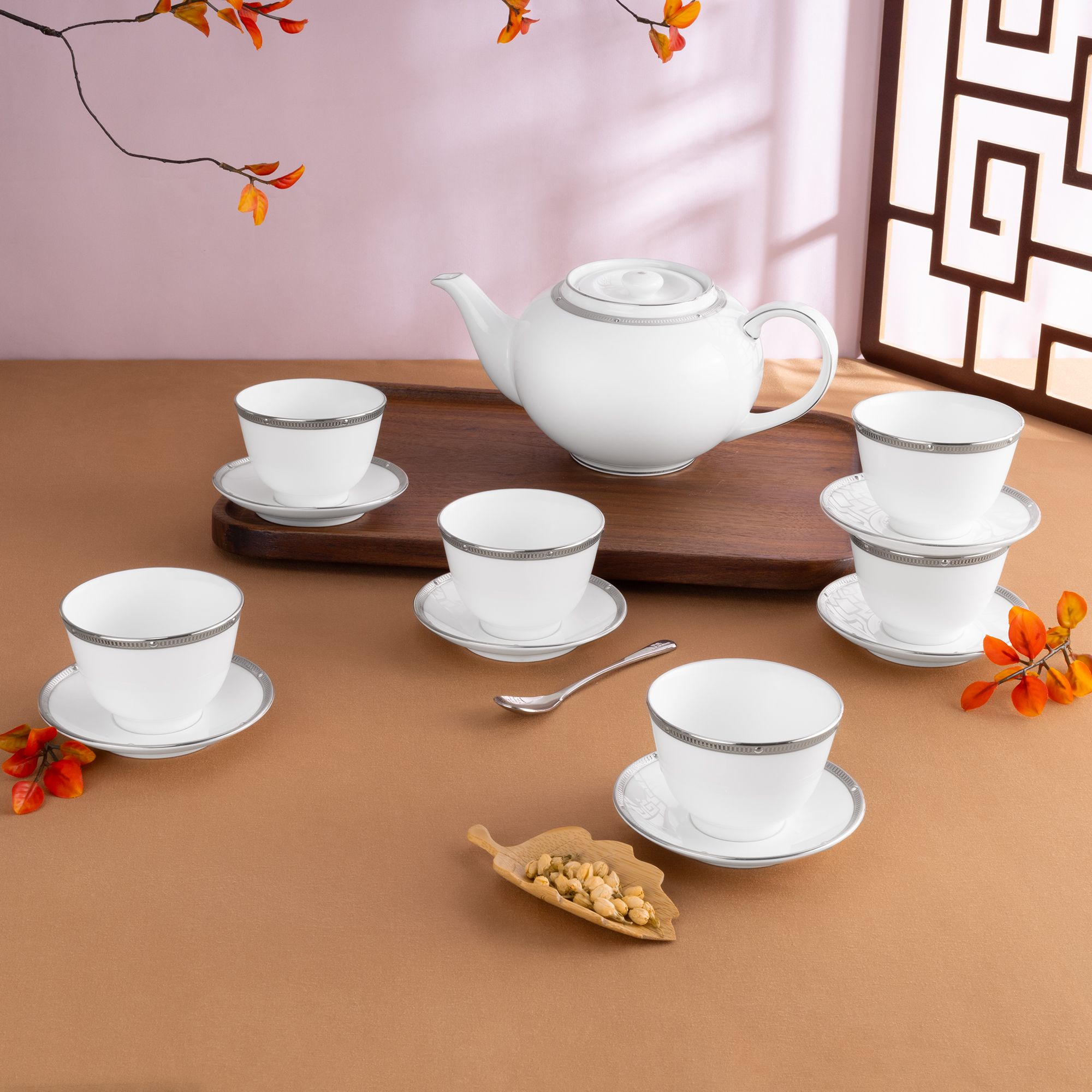  Bộ ấm chén trà châu Á (ấm 950ml, chén 145ml) 13 món sứ xương | Rochelle Platinum 4795L - T014SA 
