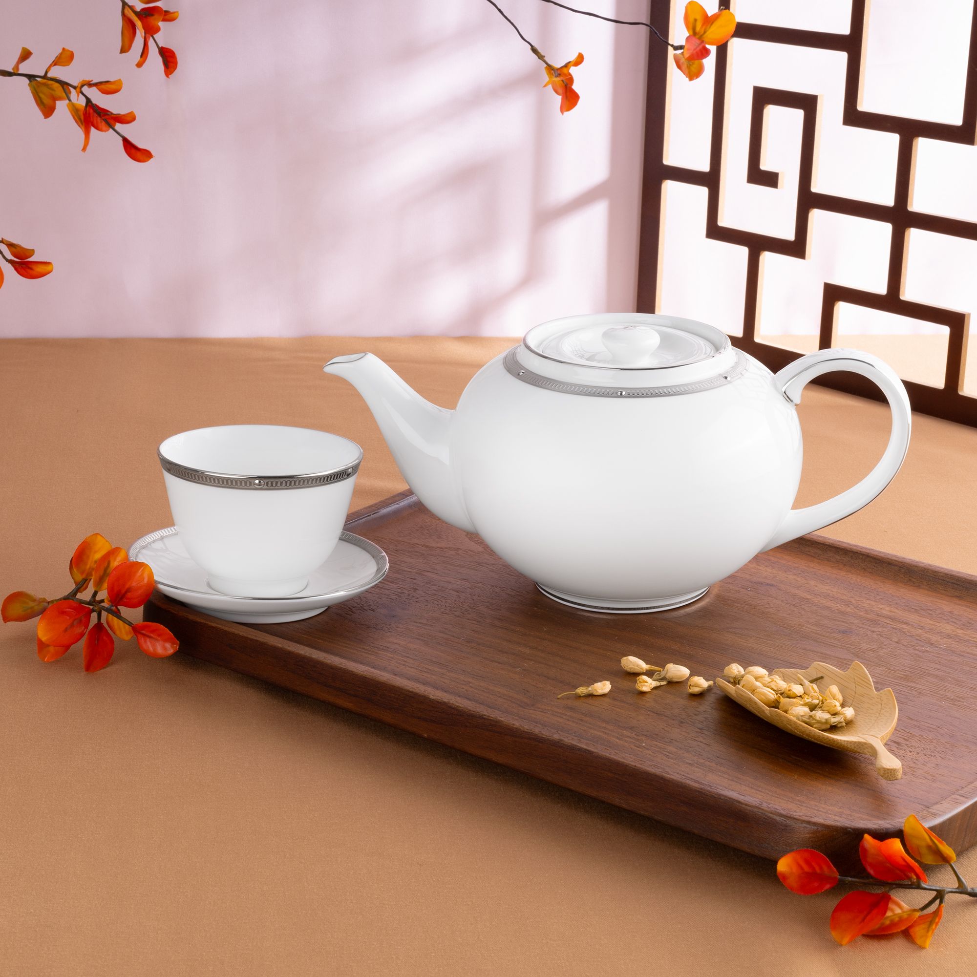  Bộ ấm chén trà châu Á (ấm 950ml, chén 145ml) 13 món sứ xương | Rochelle Platinum 4795L - T014SA 