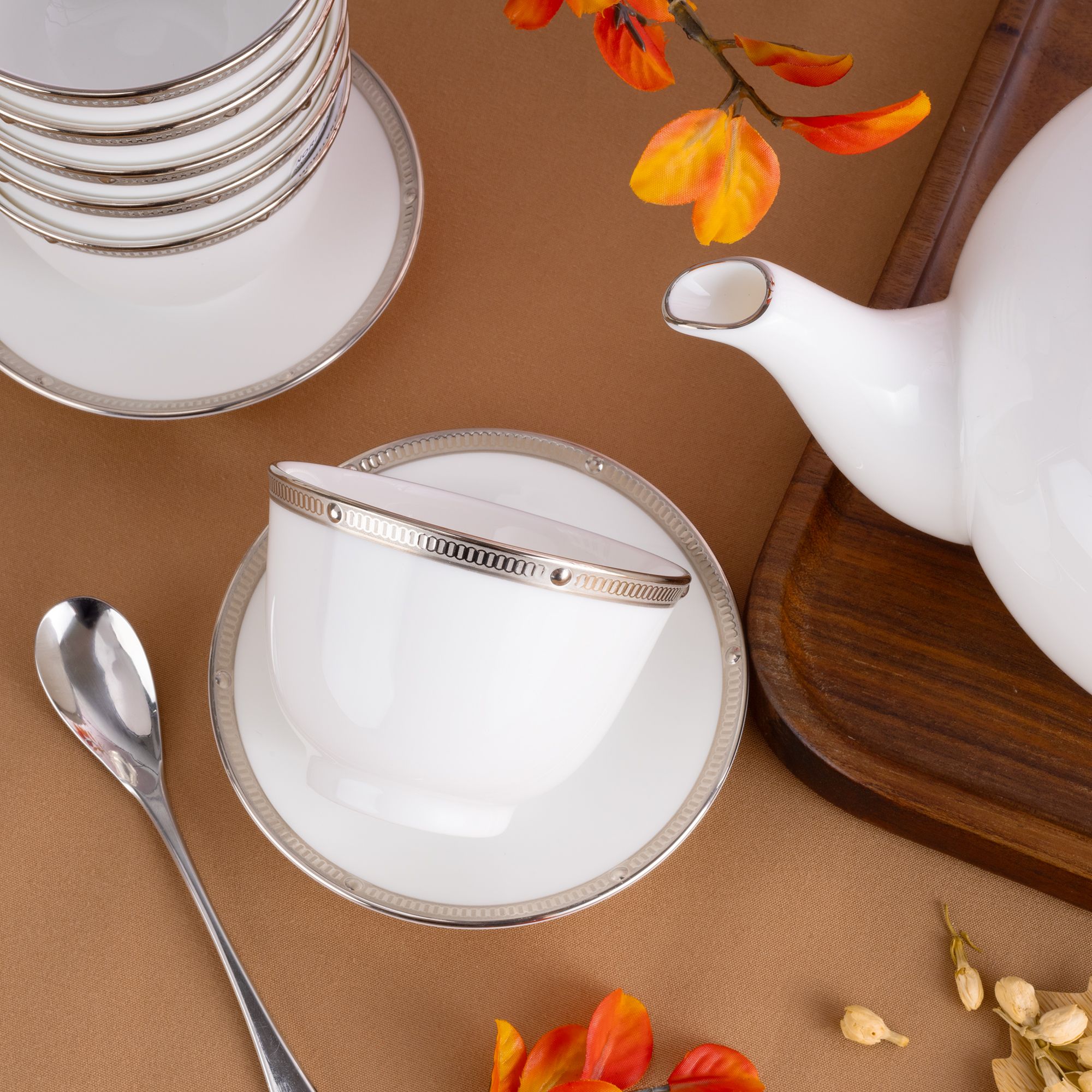  Bộ ấm chén trà châu Á (ấm 950ml, chén 145ml) 13 món sứ xương | Rochelle Platinum 4795L - T014SA 