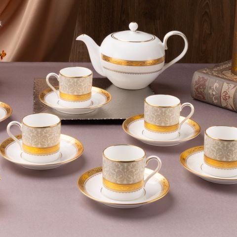  Bộ ấm chén uống trà nhỏ (ấm 650ml, chén 90ml) 13 món sứ xương | Odessa Gold 4874L - T014S 