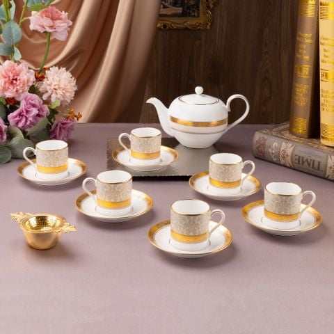  Bộ ấm chén uống trà nhỏ (ấm 650ml, chén 90ml) 13 món sứ xương | Odessa Gold 4874L - T014S 