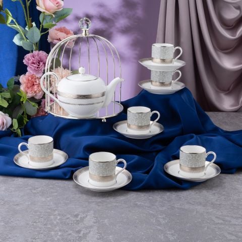  Bộ ấm chén uống trà nhỏ (ấm 650ml, chén 90ml) 13 món sứ xương | Odessa Platinum 4875L - T014S 