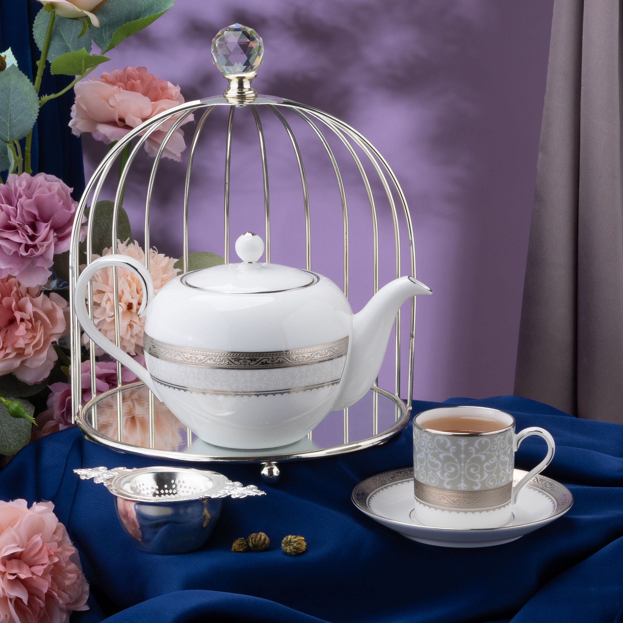  Bộ ấm chén uống trà nhỏ (ấm 650ml, chén 90ml) 13 món sứ xương | Odessa Platinum 4875L - T014S 