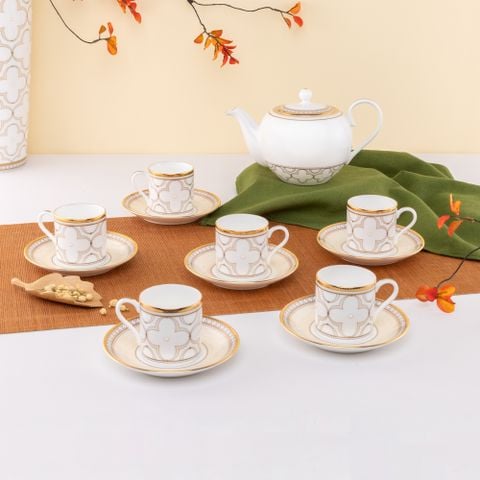  Bộ ấm chén uống trà nhỏ (ấm 650ml, chén 90ml) 13 món sứ xương | Trefolio Gold 4945L - T014S 