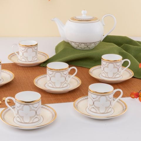  Bộ ấm chén uống trà nhỏ (ấm 650ml, chén 90ml) 13 món sứ xương | Trefolio Gold 4945L - T014S 