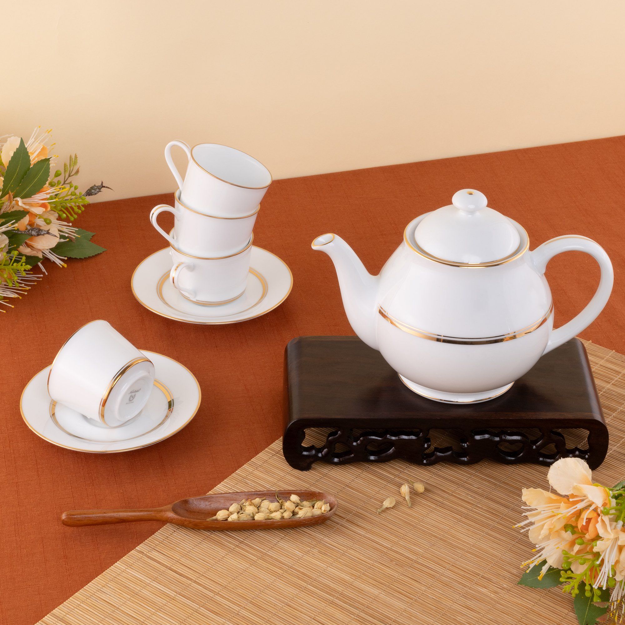  Bộ ấm chén uống trà nhỏ (ấm 780ml, chén 100ml) 13 món sứ trắng | Gloria L553L - T014S 