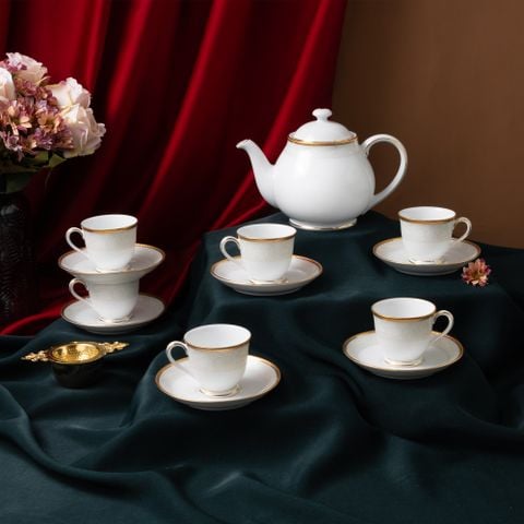  Bộ ấm chén uống trà nhỏ (ấm 780ml, chén 90ml) 13 món sứ trắng | Flanders Gold 1714L - T014S 