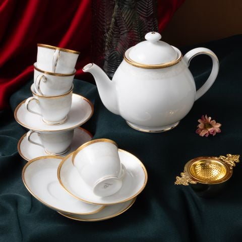  Bộ ấm chén uống trà nhỏ (ấm 780ml, chén 90ml) 13 món sứ trắng | Flanders Gold 1714L - T014S 