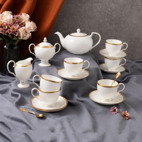  Bộ ấm chén uống trà (ấm 1.150ml, chén 250ml) 15 món sứ xương | Rochelle Gold 4796L - T017A 