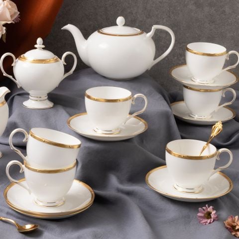 Bộ ấm chén uống trà (ấm 1.150ml, chén 250ml) 15 món sứ xương | Rochelle Gold 4796L - T017A 
