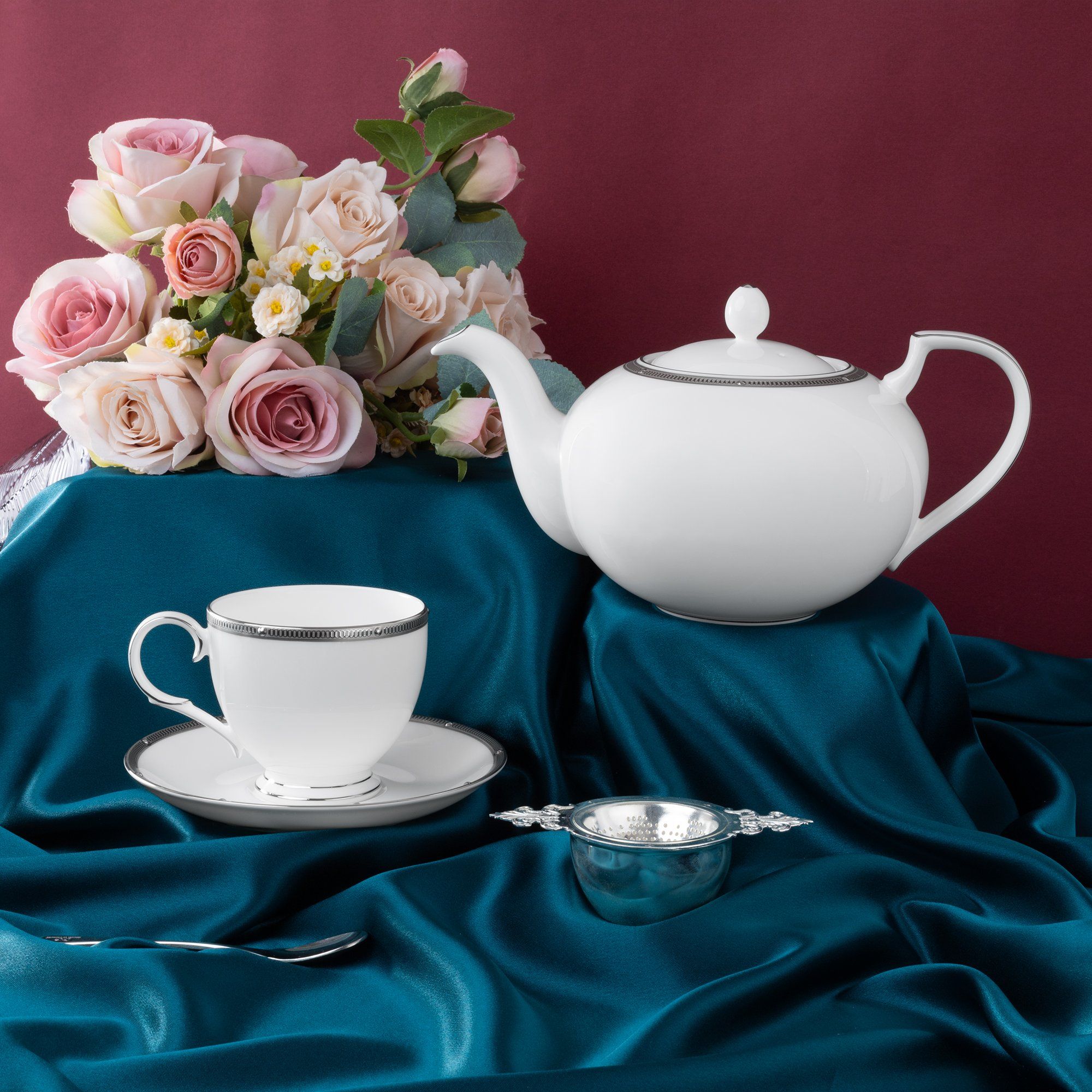  Bộ ấm chén uống trà 15 món sứ xương cao cấp viền bạch kim | Rochelle Platinum 4795L-T017A 